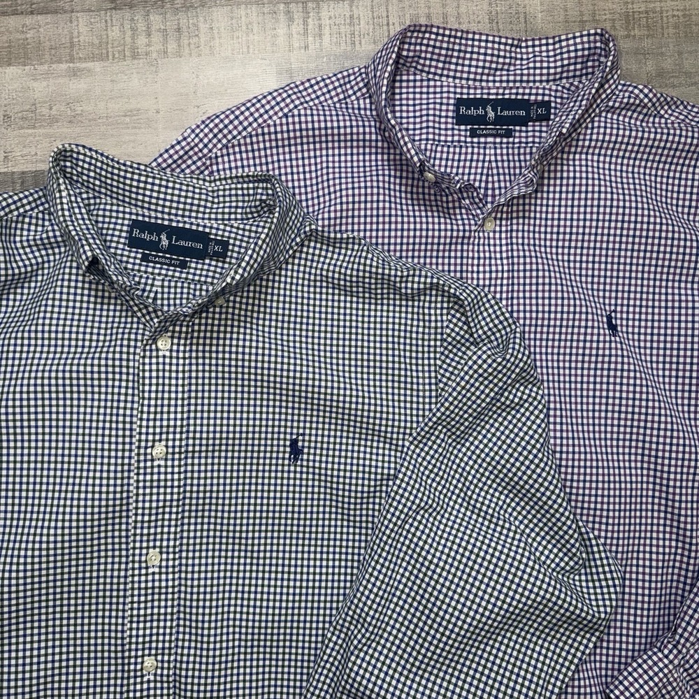 Lot (2) Polo Ralph Lauren Men XL Classic Fit Plaid Long Sleeve Button Down Shirt